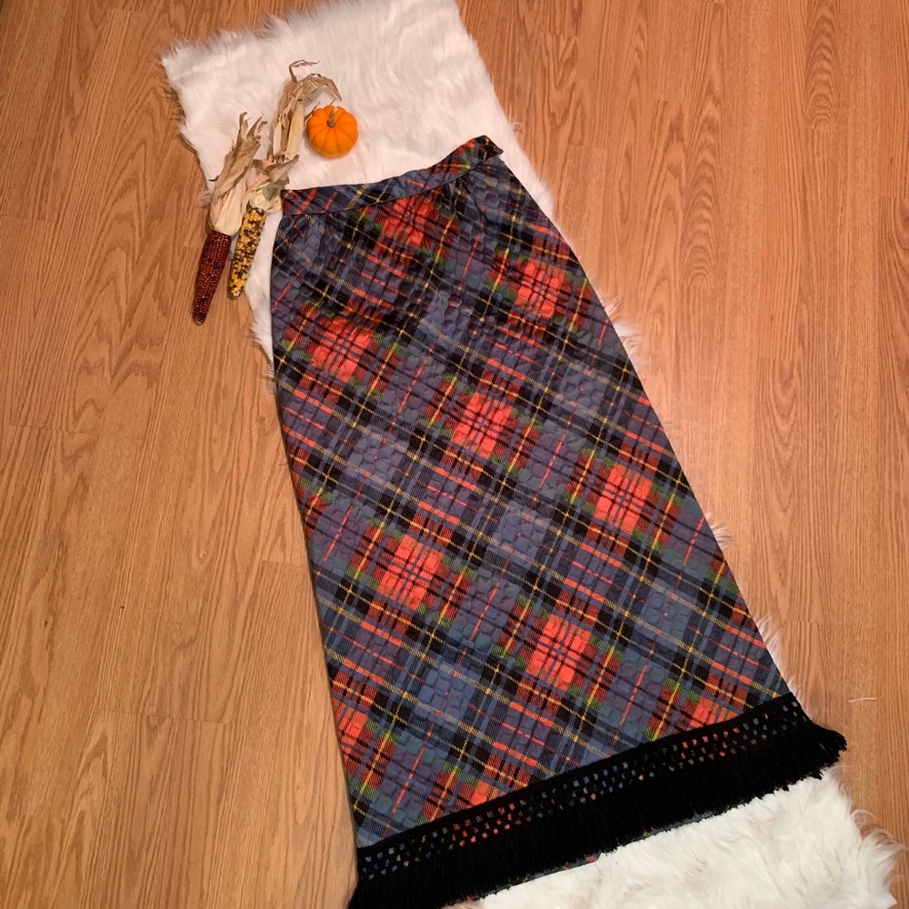 Vintage 1960s Orange Plaid Fringed Maxi Skirt
